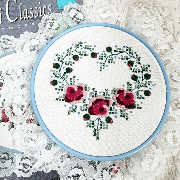 Vintage Mini Classics Cross stitch finished Rose Heart Floral Lace Wall Decor - Picture 5 of 8